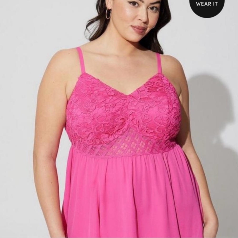 TORRID 3 HOT PINK SLEEVELESS V-NECK CROCHETED LACE SMOCKED BACK BABYDOLL TOP